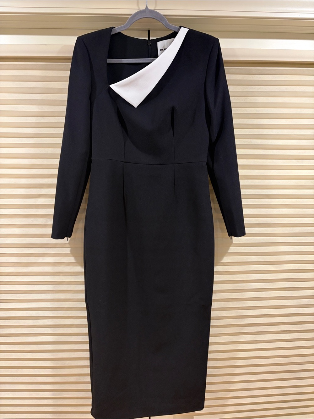 NWOT Roland Mouret Black Dress with White Asymmetrical Collar, Size US 6